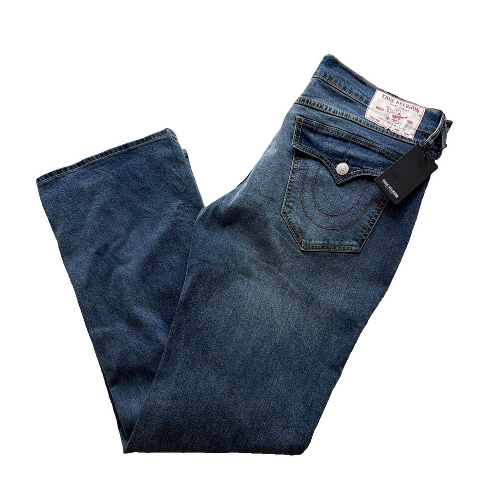 True Religion Jeans Mens Size 36x33.5 Billy Relaxed Bootcut SN Flap Blue Denim